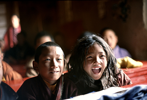 A young Tibetan boy and girl at the school in Gemang, in eastern Tibet, one of those supported by the humanitarian program of Karuna-Shechen